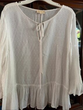 Hem & Thread White Swiss Dot Tie-Neck Ruffle Tunic Blouse